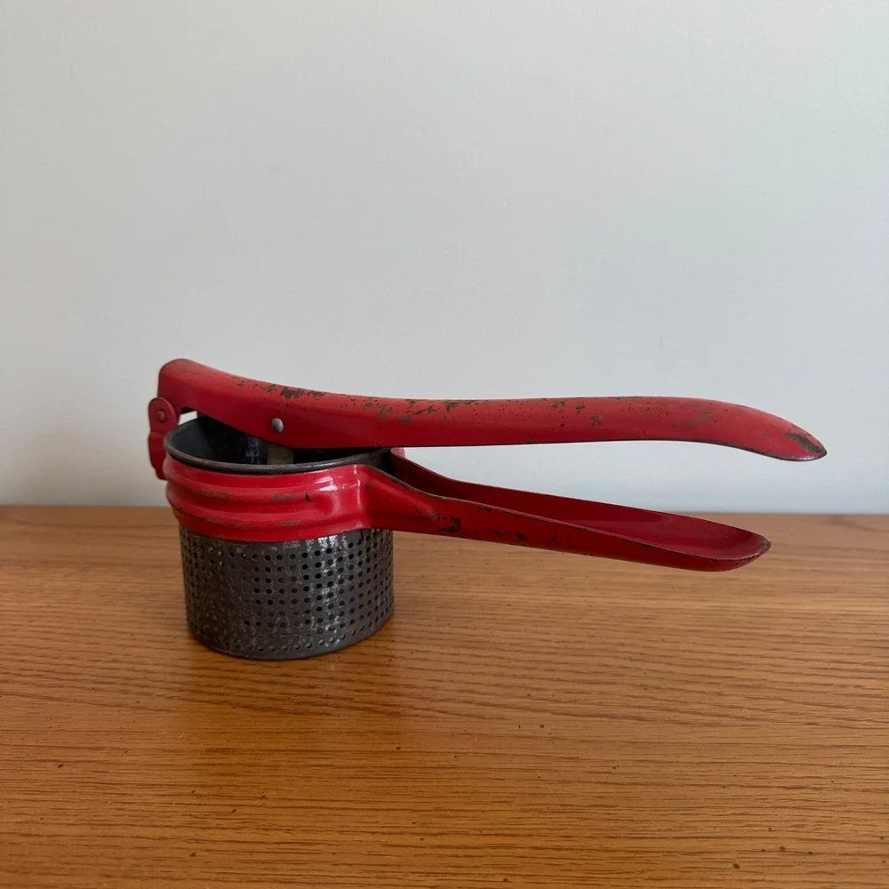 Vintage Red Metal Potato Masher‎ Ricer Kitchen Tool Gadget